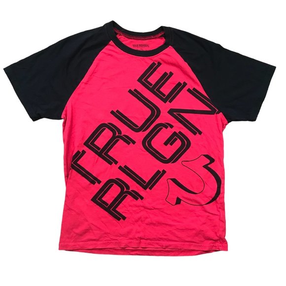 True Religion Mens TRUE DIAG Raglan Tee Short Sleeve Red Black 100% Cotton Large - Picture 1 of 11